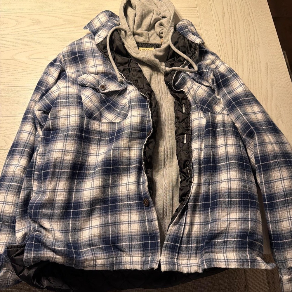 RedHead Mens Blue Plaid Flannel Hooded Jacket Quilted Lined Shirt Jacket Large